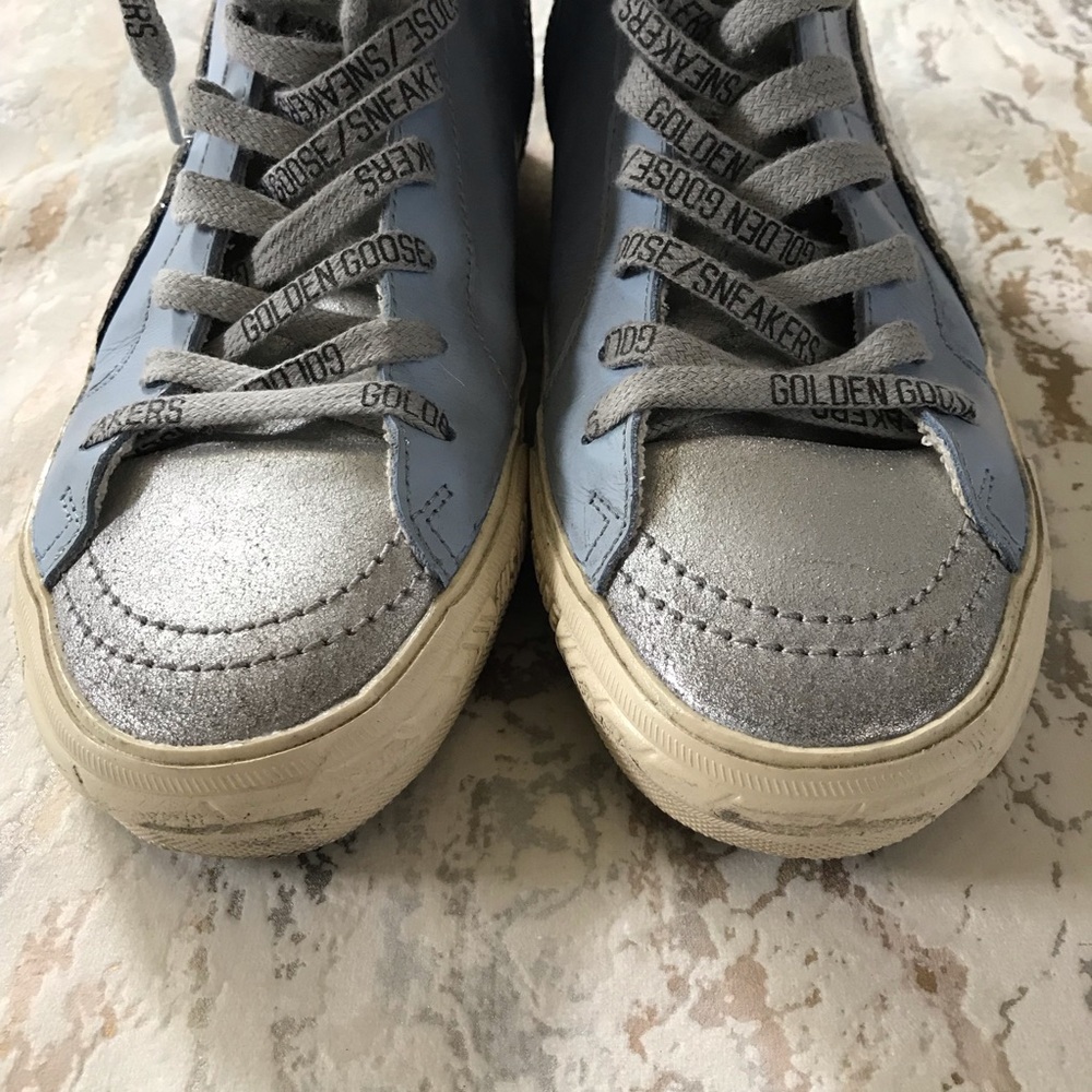 🏇Golden Goose Distressed Light Blue & Silver Hi-Top Sneakers - Picture 4 of 13